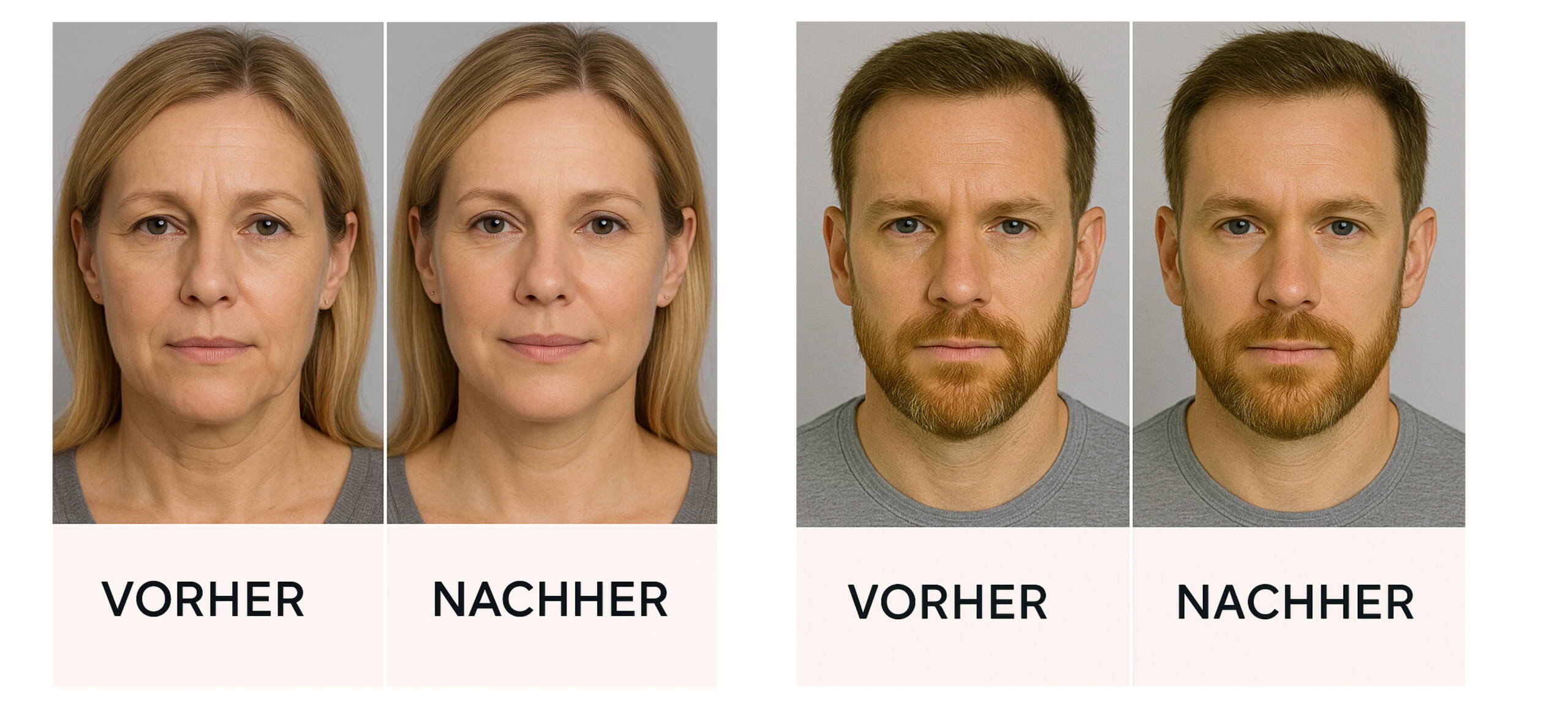 Hyaluron-Filler – Faltenunterspritzung & Volumenaufbau Vorher <-> Nachher Hyaluron-Filler – Faltenunterspritzung & Volumenaufbau Vorher <-> Nachher